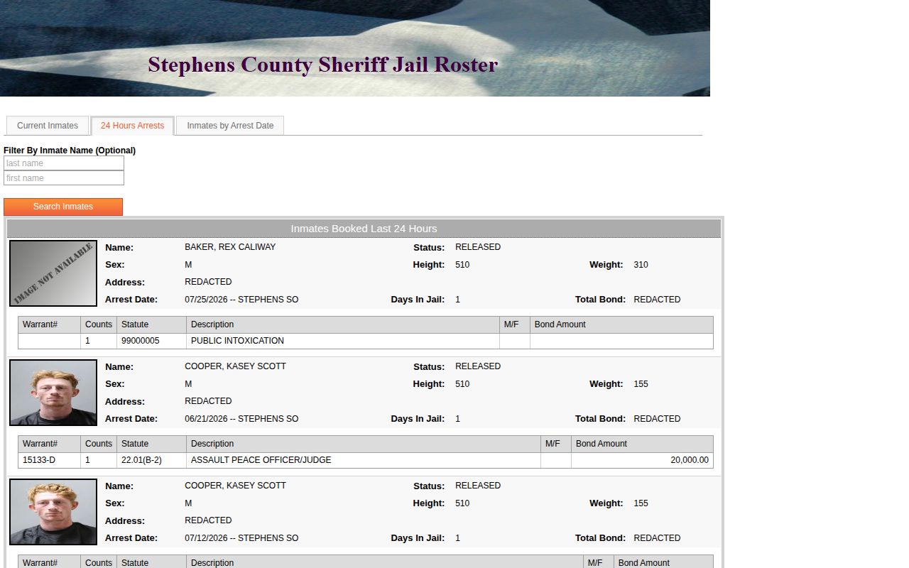 Stephens County booking card image slot for released inmate records