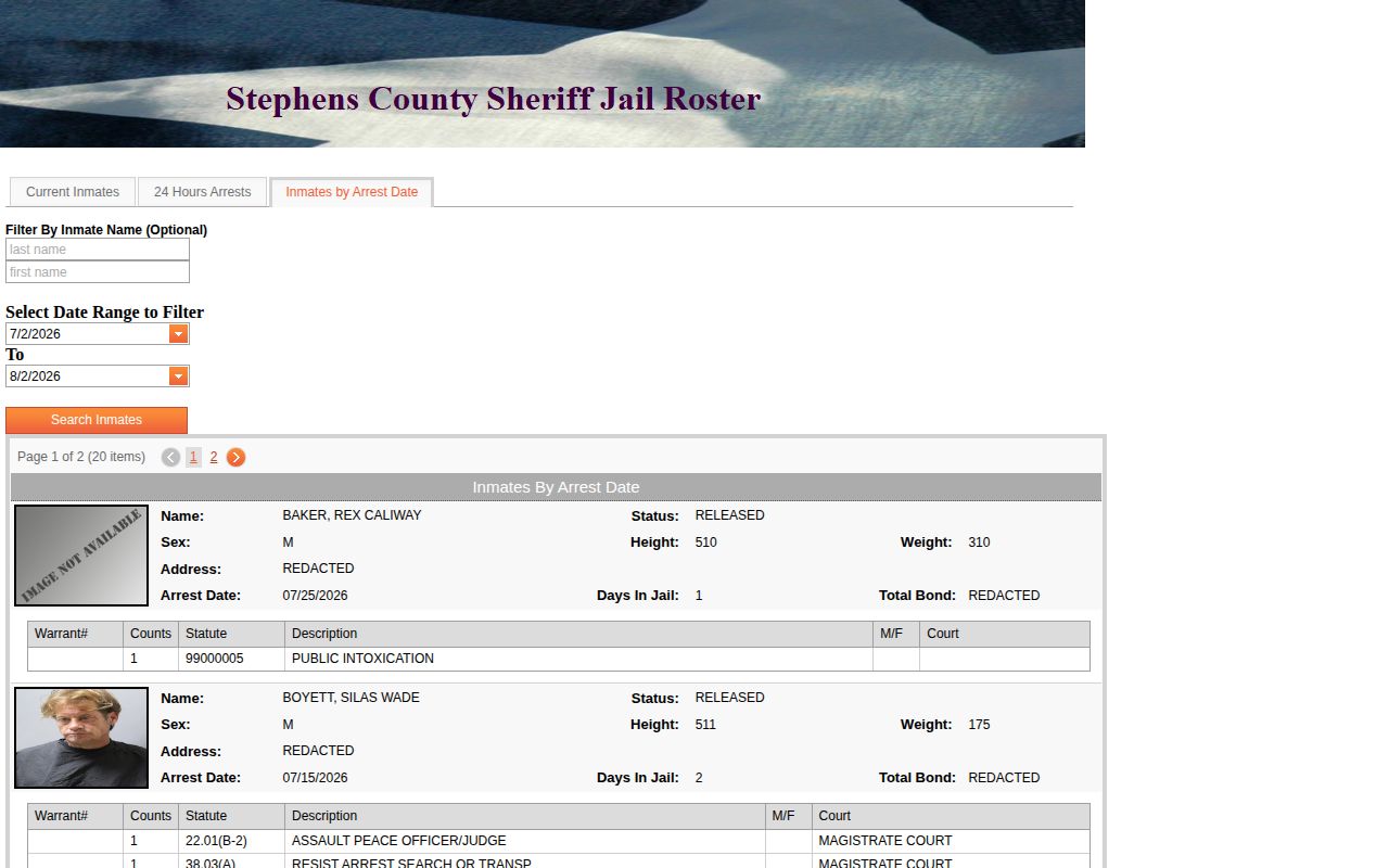 Stephens County released inmate arrest-date search with status controls