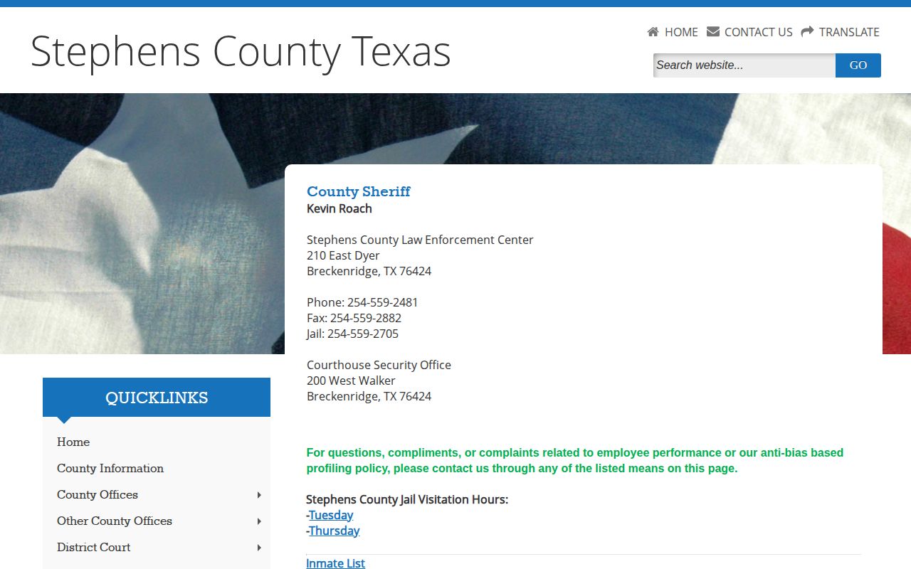 Stephens County Jail release records contact page