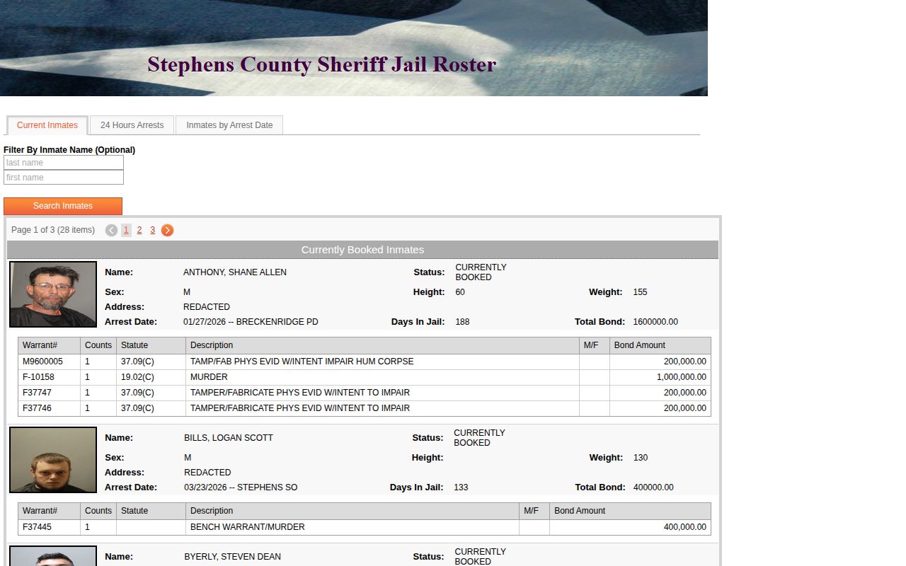 Stephens County Jail currently booked inmate roster