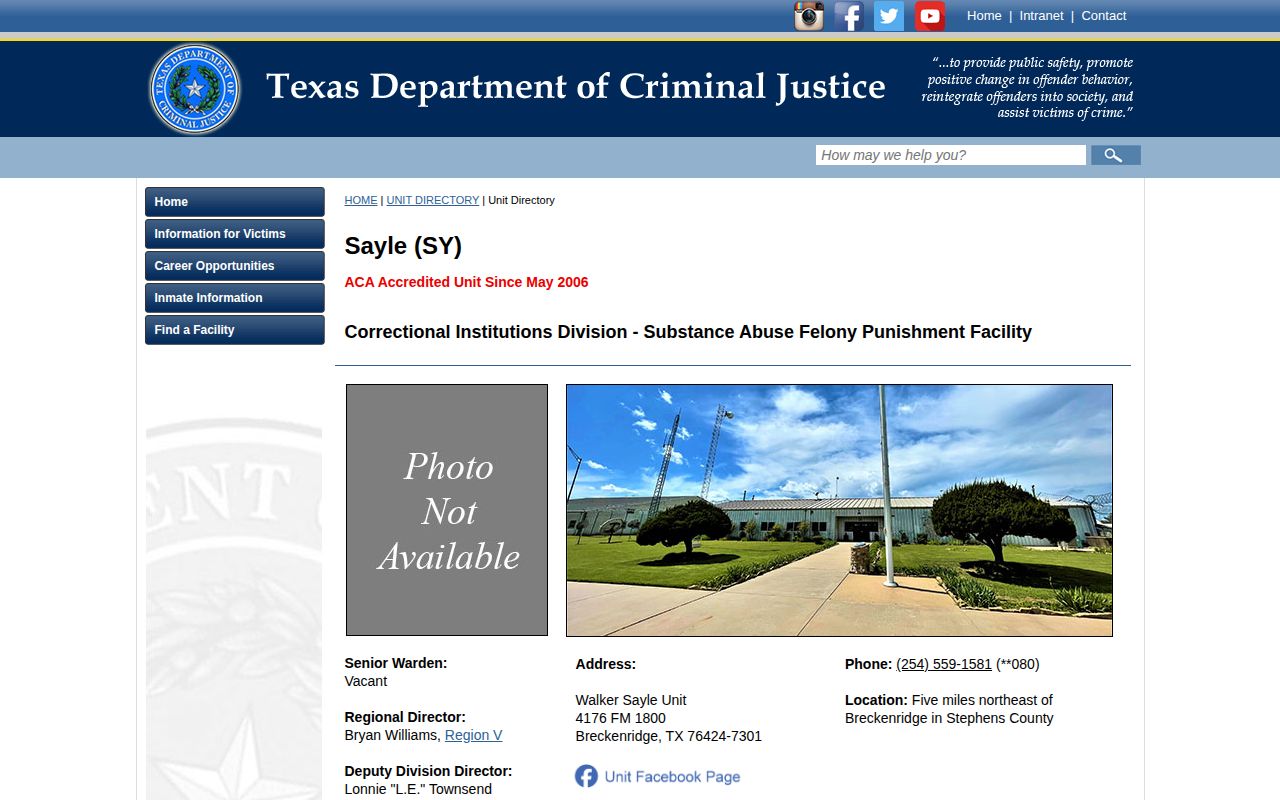 Walker Sayle Unit release information and TDCJ facility directory